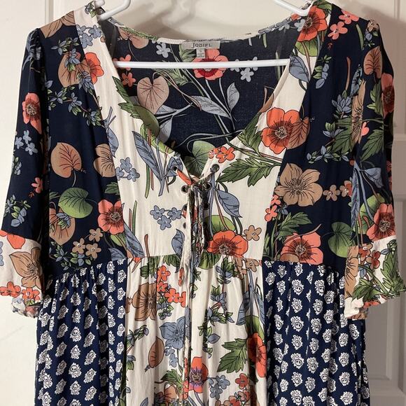 Jodufl Patchwork Floral Print Babydoll Boho Tie Closure Lined Flowy Dress S - Picture 2 of 7
